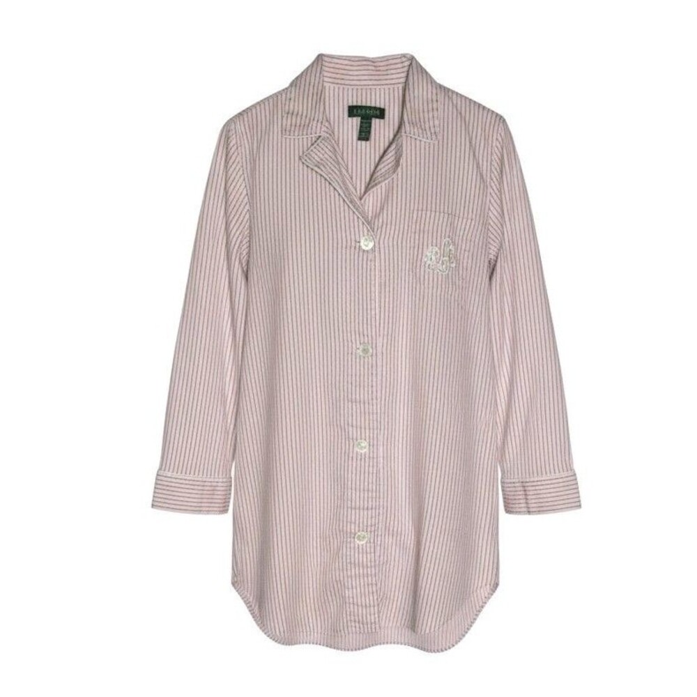 Lauren Ralph Lauren Button Down Night Shirt Sz M Pink Monogrammed 90s Butter Mom